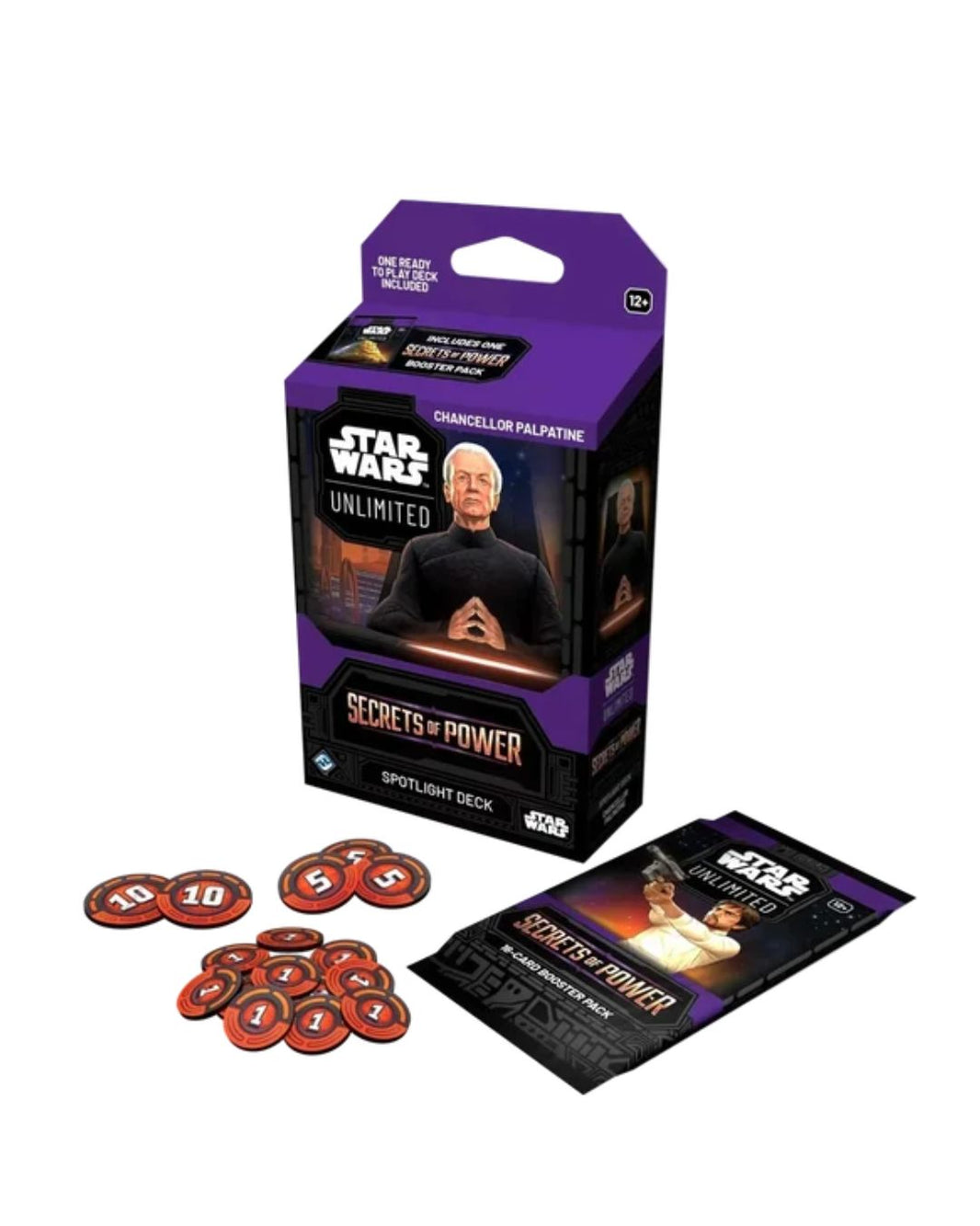 Star Wars Unlimited Secrets of Power spotlight deck box with several red numbered tokens and a black-and-purple instruction card on a white background.