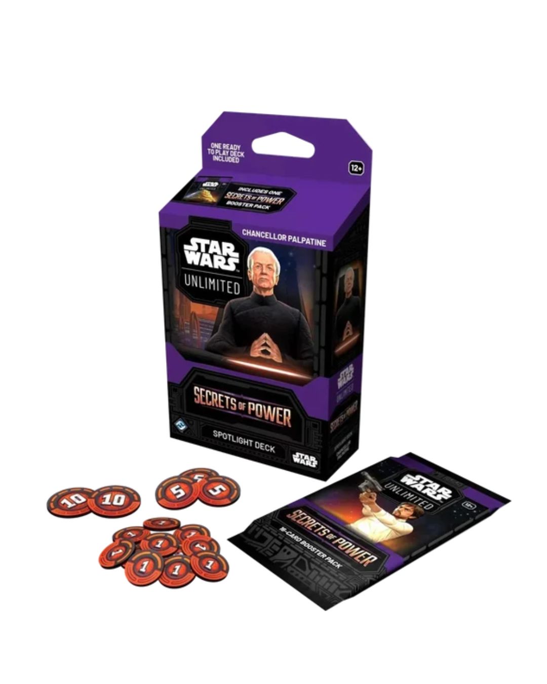 Star Wars Unlimited Secrets of Power spotlight deck box with several red numbered tokens and a black-and-purple instruction card on a white background.