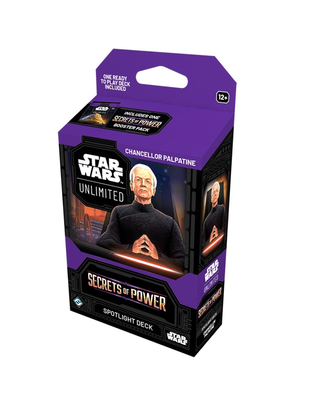 Star Wars Unlimited Secrets of Power Spotlight Deck box for Chancellor Palpatine, featuring a purple and black design with character artwork.