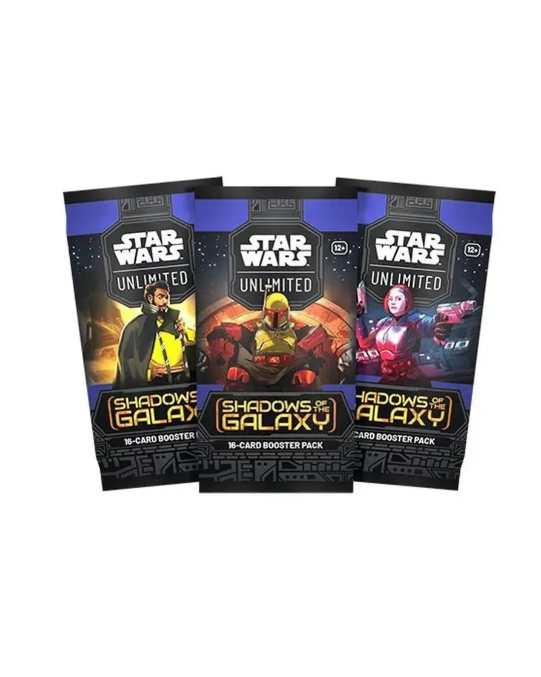 Three Star Wars Unlimited Shadows of the Galaxy booster packs arranged in a fan shape against a plain white background.