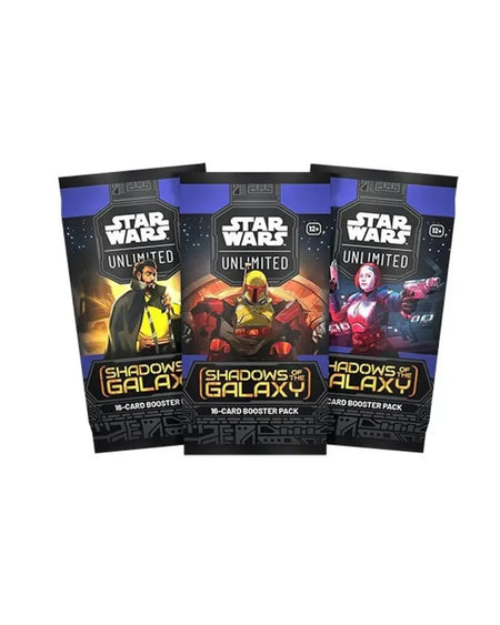 Three Star Wars Unlimited Shadows of the Galaxy booster packs arranged in a fan shape against a plain white background.