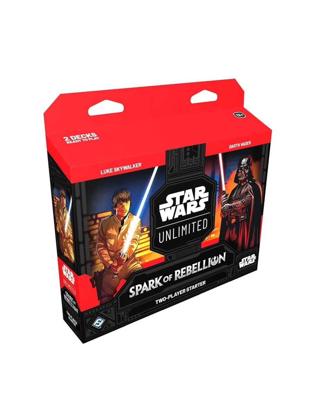 Star Wars Unlimited Spark of Rebellion Two-Player Starter box set, featuring a red and black design with character illustrations of Luke Skywalker and Darth Vader.