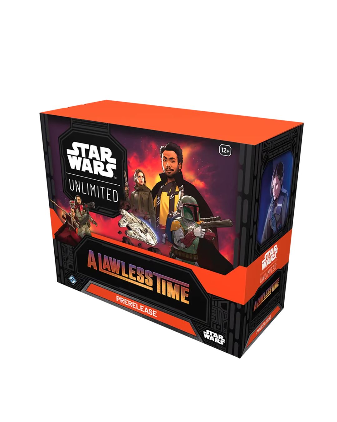 Star Wars Unlimited TCG A Lawless Time prerelease box set, featuring a bold orange, black, and red design with character artwork featuring Star Wars figures, shown on a plain white background.
