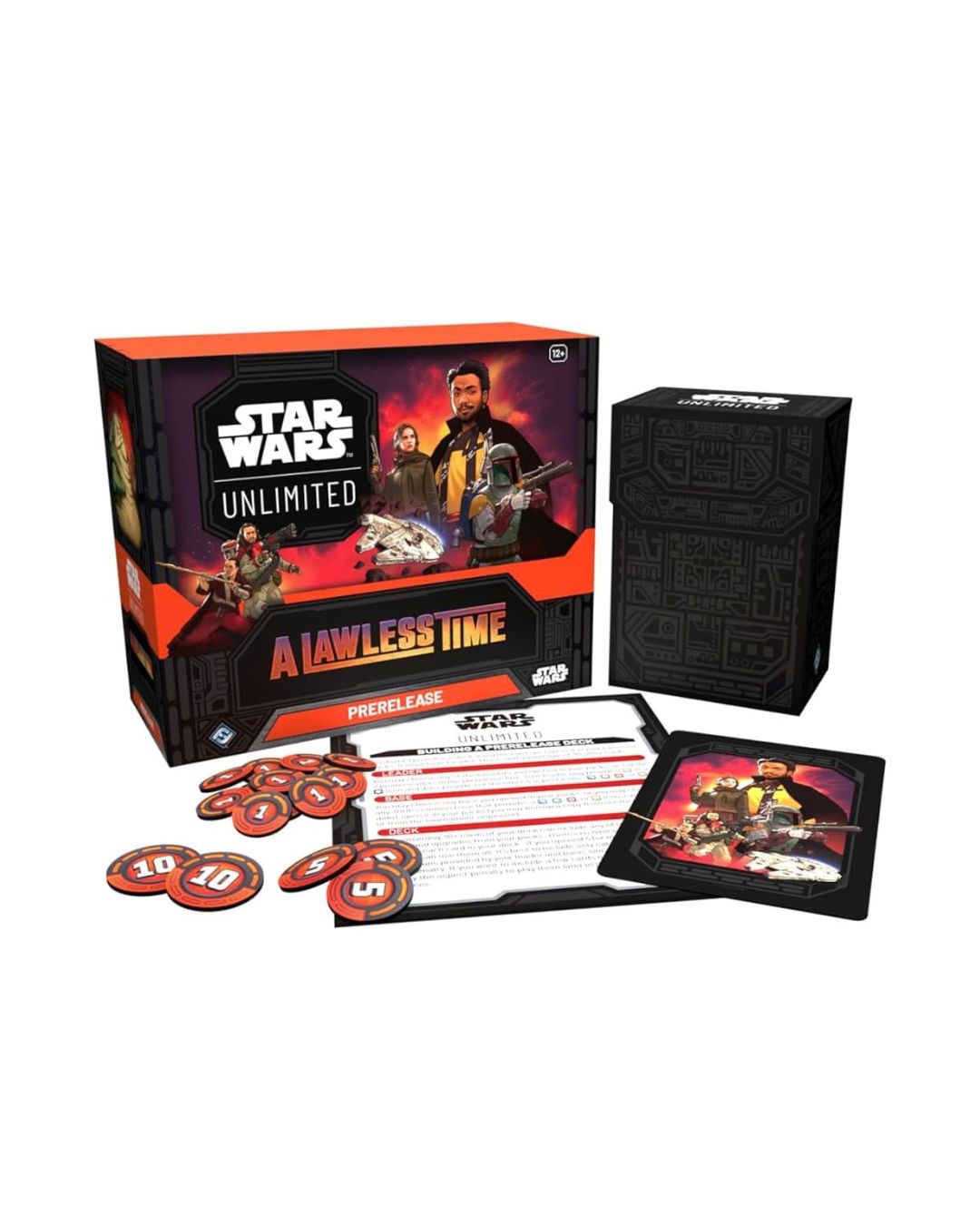 Star Wars Unlimited: TCG A Lawless Time prerelease set, showing the main game box, black storage box, cards, and other various contents