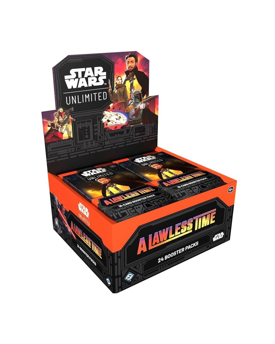 Star Wars Unlimited TCG A Lawless Time booster box display containing 24 booster packs, shown on a clean white background.