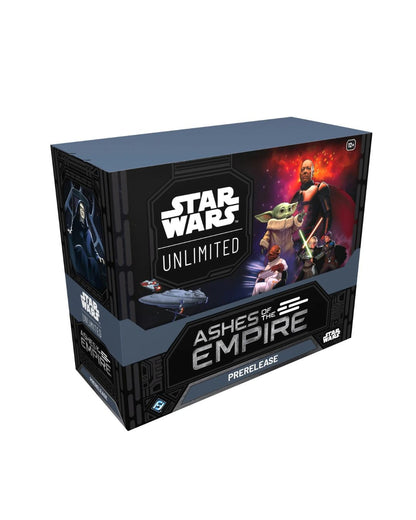 Star Wars Unlimited Ashes of the Empire- Prerelease packaging, situated on a white background featuring various Star Wars characters.