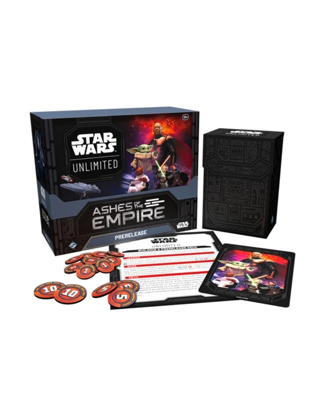Star Wars Unlimited Ashes of the Empire-Prerelease packaging situated on a white background featuing the box's contents, including 6 booster packs, for multiplayer play.
