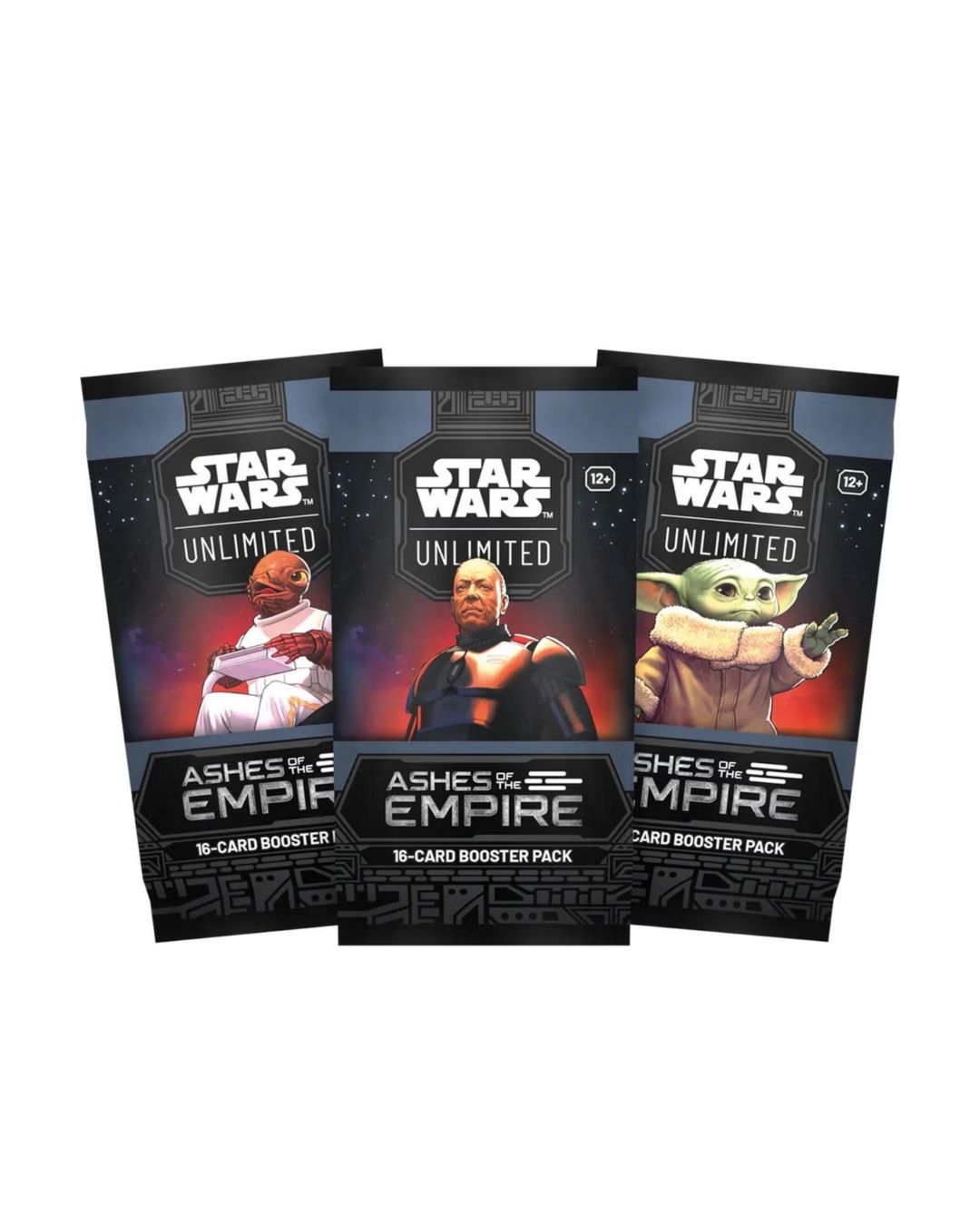 Three Star Wars Unlimited card booster packs from Ashes of the Empire, displayed in a fan-like arrangement against a plain white background.