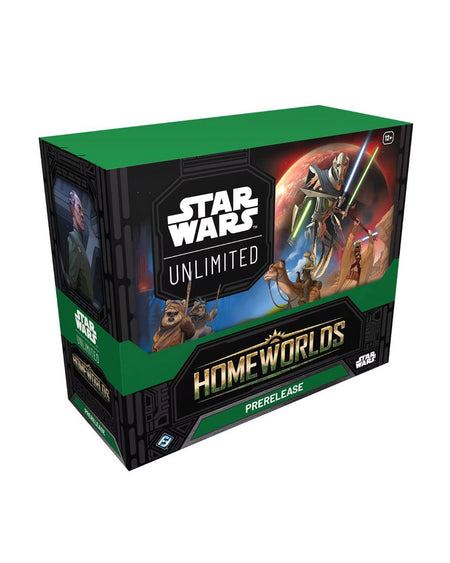 Star Wars Unlimited Homeworlds pre-release box set, featuring a green and black design with Star Wars and Home Worlds branding and character artwork, shown on a plain white background.