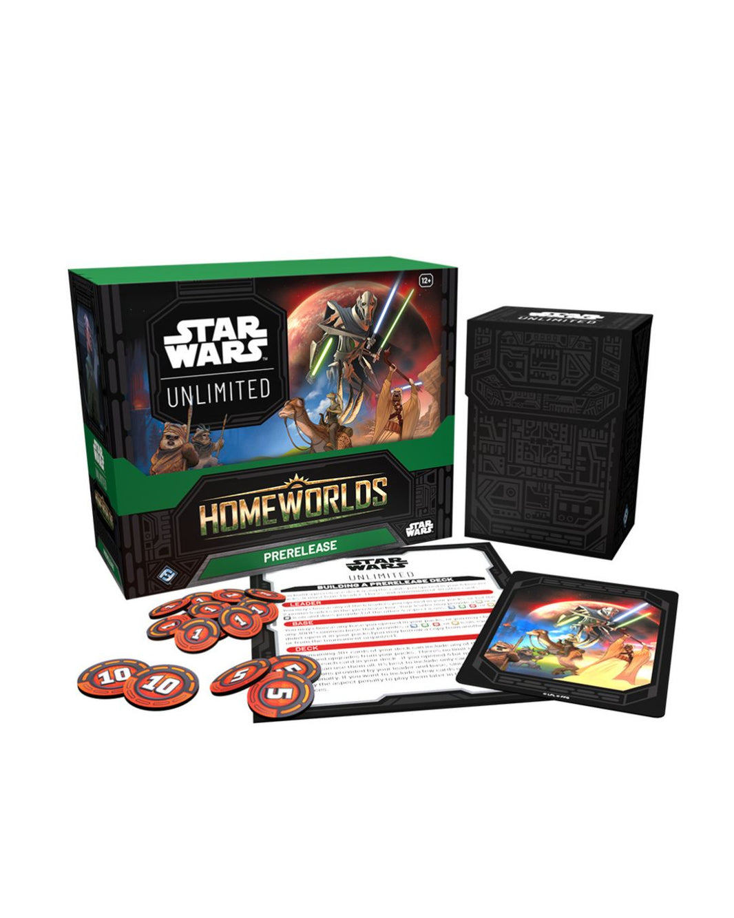 Star Wars Unlimited TCG HomeWorlds- Prerelease contents on a white background, showing the main box, black playmat, instruction card, and red action dice.