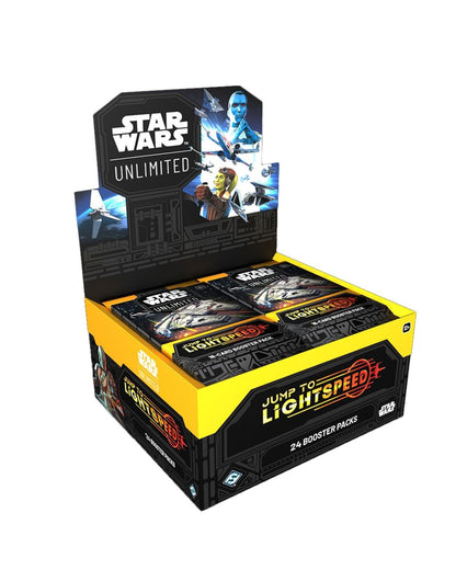 Star Wars Unlimited Jump to Lightspeed+ booster box display containing 24 sealed booster packs, with 16 cards per pack, shown on a clean white background.