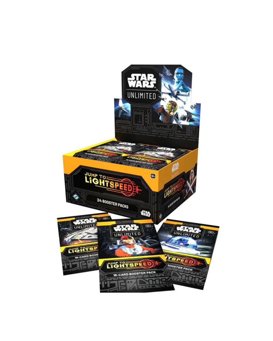 Star Wars Unlimited Jump To Lightspeed booster box display with several individual booster packs arranged in front on a plain white background.