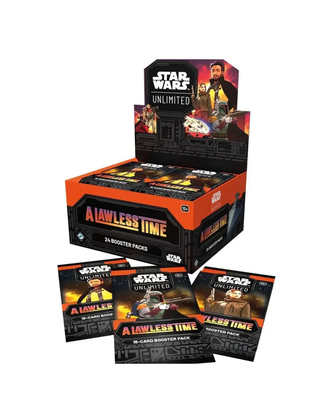 Star Wars Unlimited TCGA Lawless Time 24 Booster Box display box with three individual booster packs displayed in front on a white background.
