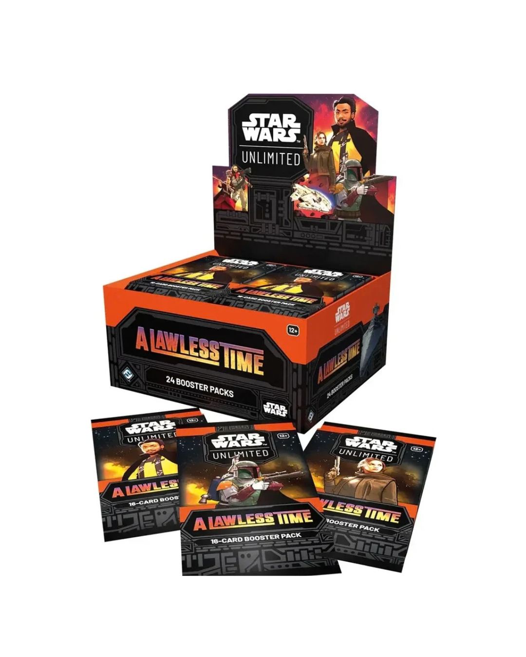 Star Wars Unlimited TCGA Lawless Time 24 Booster Box display box with three individual booster packs displayed in front on a white background.