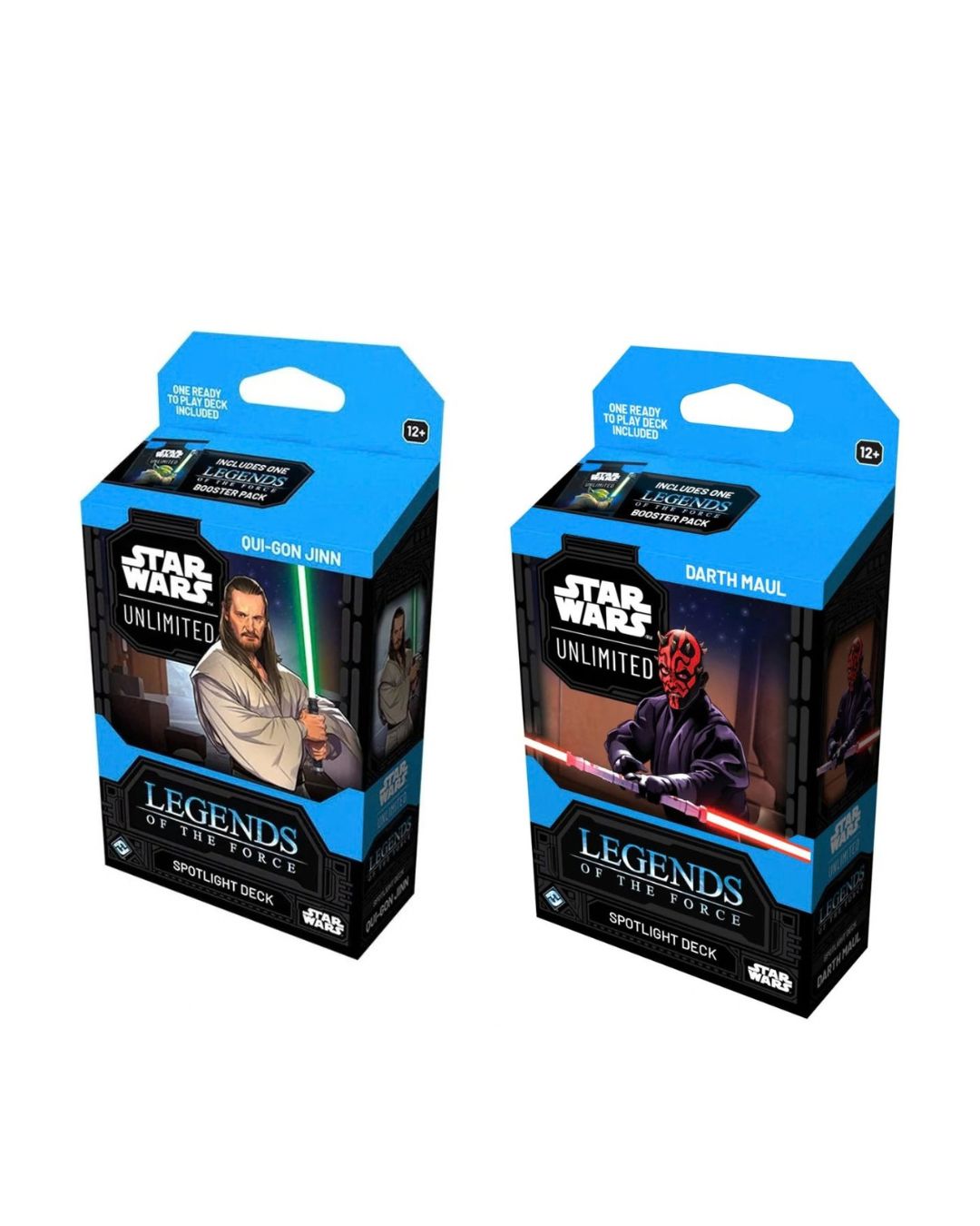 Two Star Wars Legends of the Force Unlimited Spotlight Deck boxes shown side by side on a plain white background. The left box is for Qui-Gon Jinn with a green lightsaber, and the right box is for Darth Maul with a red lightsaber.