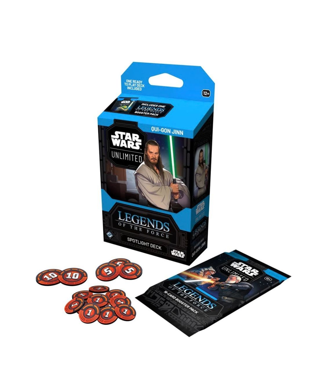 Star Wars Legends of the Force: Qui-Gon Jinn Spotlight Deck box shown with several red circular tokens and a black-and a booster card pack. 