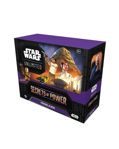 Star Wars Unlimited: Secrets of Power prerelease box set, featuring purple and black packaging with character artwork on a white background.
