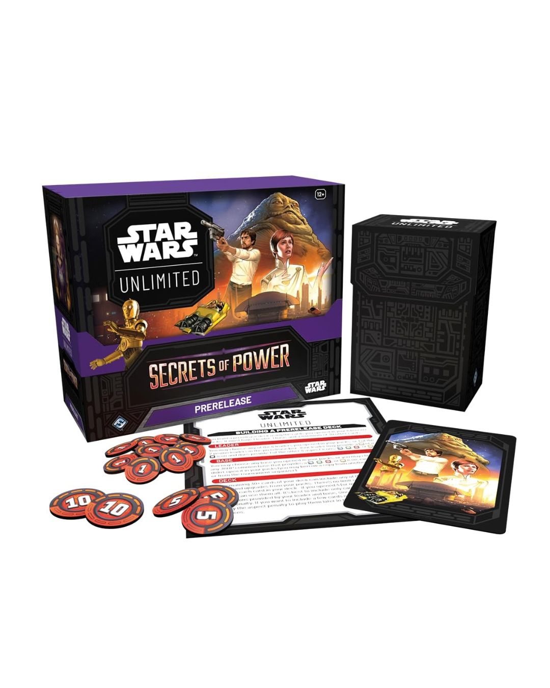 Star Wars Unlimited: Secrets of the Power Prerelease box set, showing the illustrated product box, black storage box, instruction sheet, tokens, and character card on a white background.