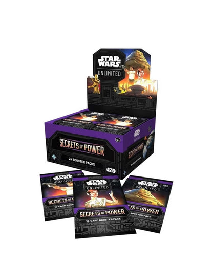 Star Wars Unlimited Secrets of the Power 24 booster pack display box with four individual booster packs arranged in front on a white background.