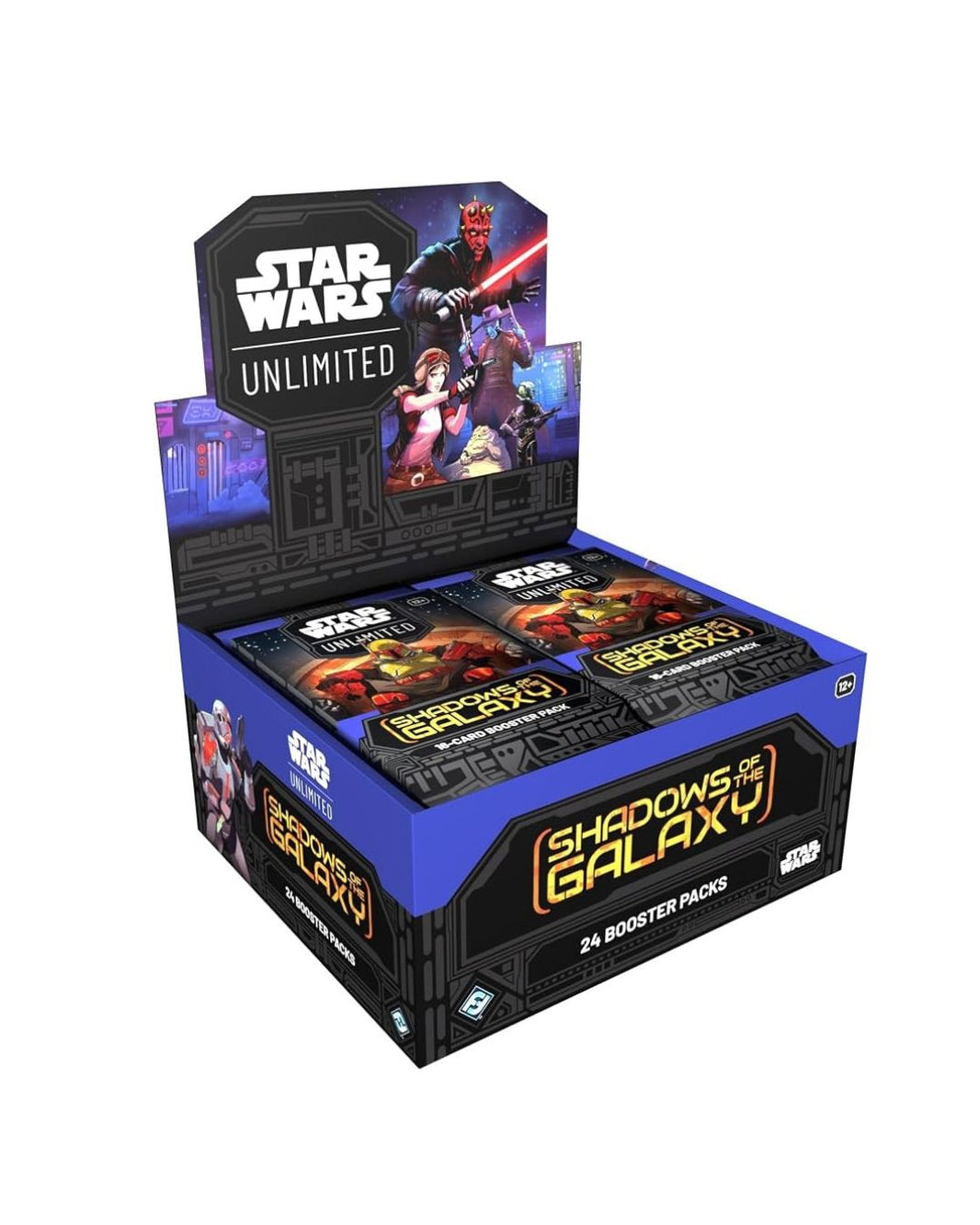 Star Wars Unlimited Shadows of Galaxy Booster Box display box on a white background.