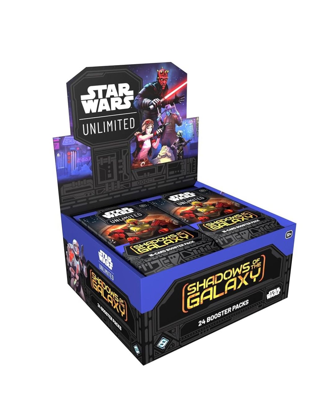 Star Wars Unlimited Shadows of Galaxy Booster Box display box on a white background.