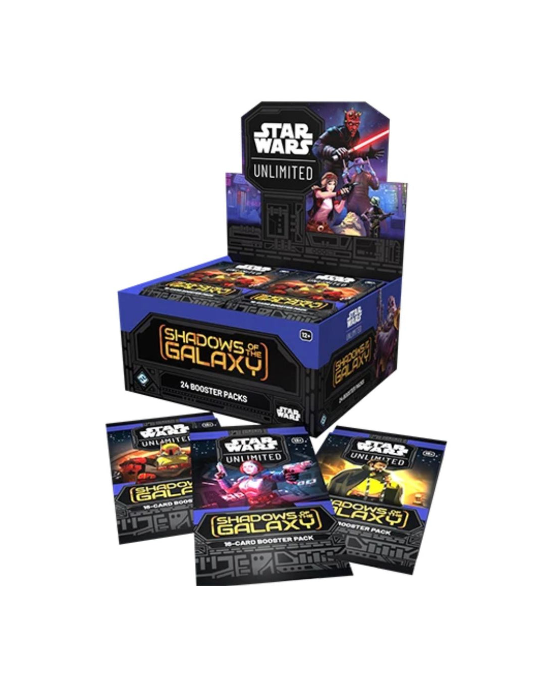Star Wars Unlimited Shadows of Galaxy Booster Box, 24 Booster Packs display with four individual booster packs displayed in front on a white background.