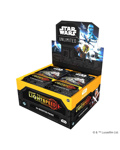 Star Wars Unlimited Jump to Lightspeed 24 booster pack display box on a white background, featuring yellow and black packaging with Star Wars and Lucasfilm branding.