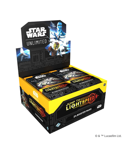 Star Wars Unlimited Jump to Lightspeed+ booster pack display box on a white background, showing multiple sealed booster packs inside.