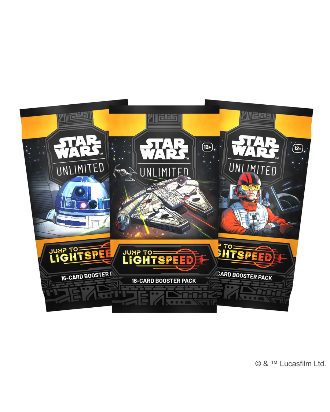 Three Star Wars Unlimited lightspeed 10-card booster packs fanned out against a white background, featuring R2-D2, the Millennium Falcon, and E-12 on the front covers.