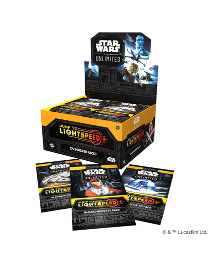 Star Wars Unlimited Jump to Lightspeed+ booster pack display box with four individual booster packs displayed in front on a white background.
