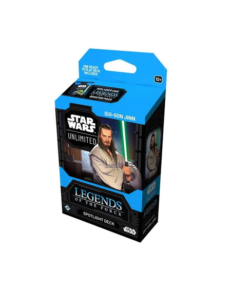 Star Wars Legends of the Force: Qui-Gon Jinn Spotlight Deck box, featuring a blue and black packaging design with an illustration of the character Jinn holding a green lightsaber.