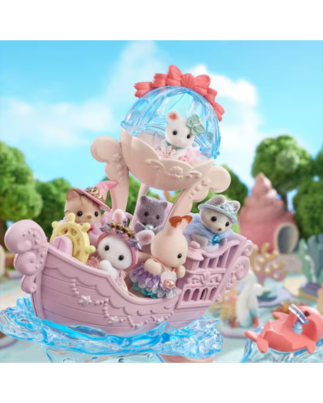 A pastel-colored toy boat scene with several small animal characters seated in a pink boat under a clear blue dome canopy, with a bright sky and blurred green trees in the background.