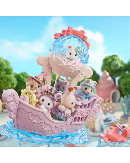 A pastel-colored toy boat scene with several small animal characters seated in a pink boat under a clear blue dome canopy, with a bright sky and blurred green trees in the background.
