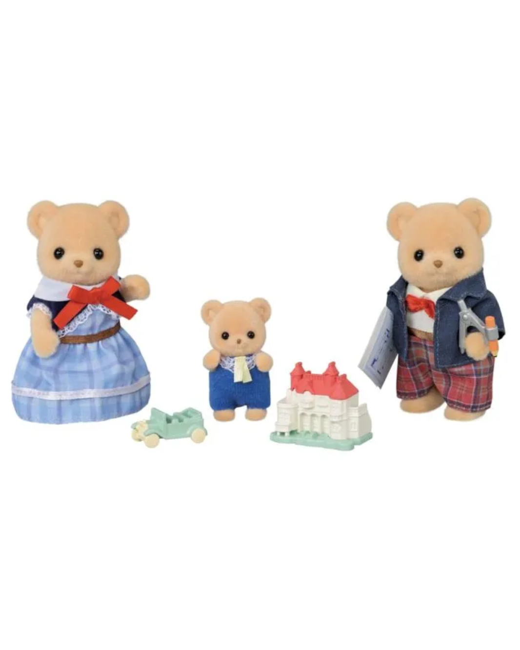 A three-piece teddy bear family toy set on a plain white background, featuring a mother bear in a blue dress with a red bow, a father bear in a blue jacket and plaid shorts, and a small baby bear in blue overalls, accompanied by a small green car and a white and red house.