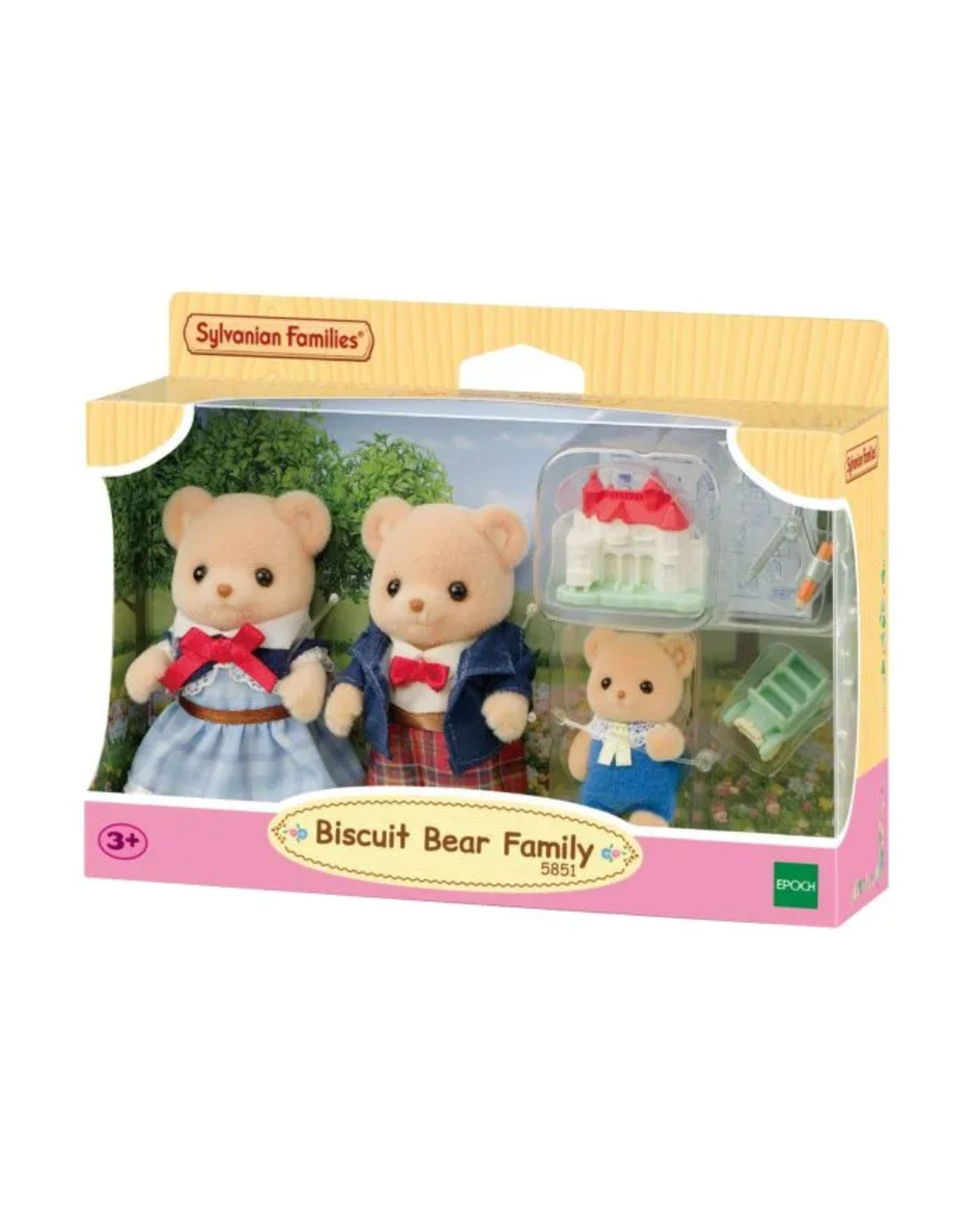 Sylvanian Families Biscuit Bear Family (5851) toy set in its original packaging, featuring three bear figures and a small house accessory.