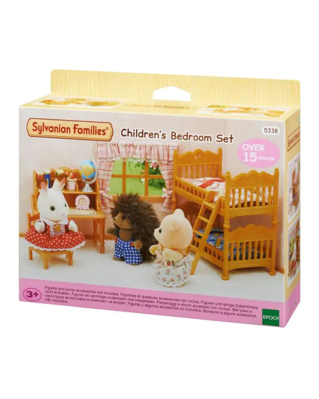 Sylvanian Families Children's Bedroom Set in its original retail packaging, featuring a miniature dollhouse interior scene with a wooden bed, desk, and animal characters.
