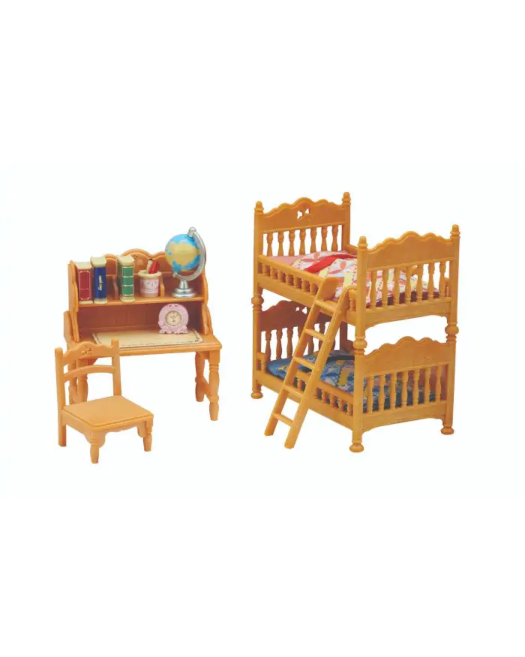 A miniature sylvanian furniture set featuring a two-tier wooden bunk bed, a matching desk with a chair, and a bookshelf with books and a globe, all in a warm yellowish-brown wood tone.