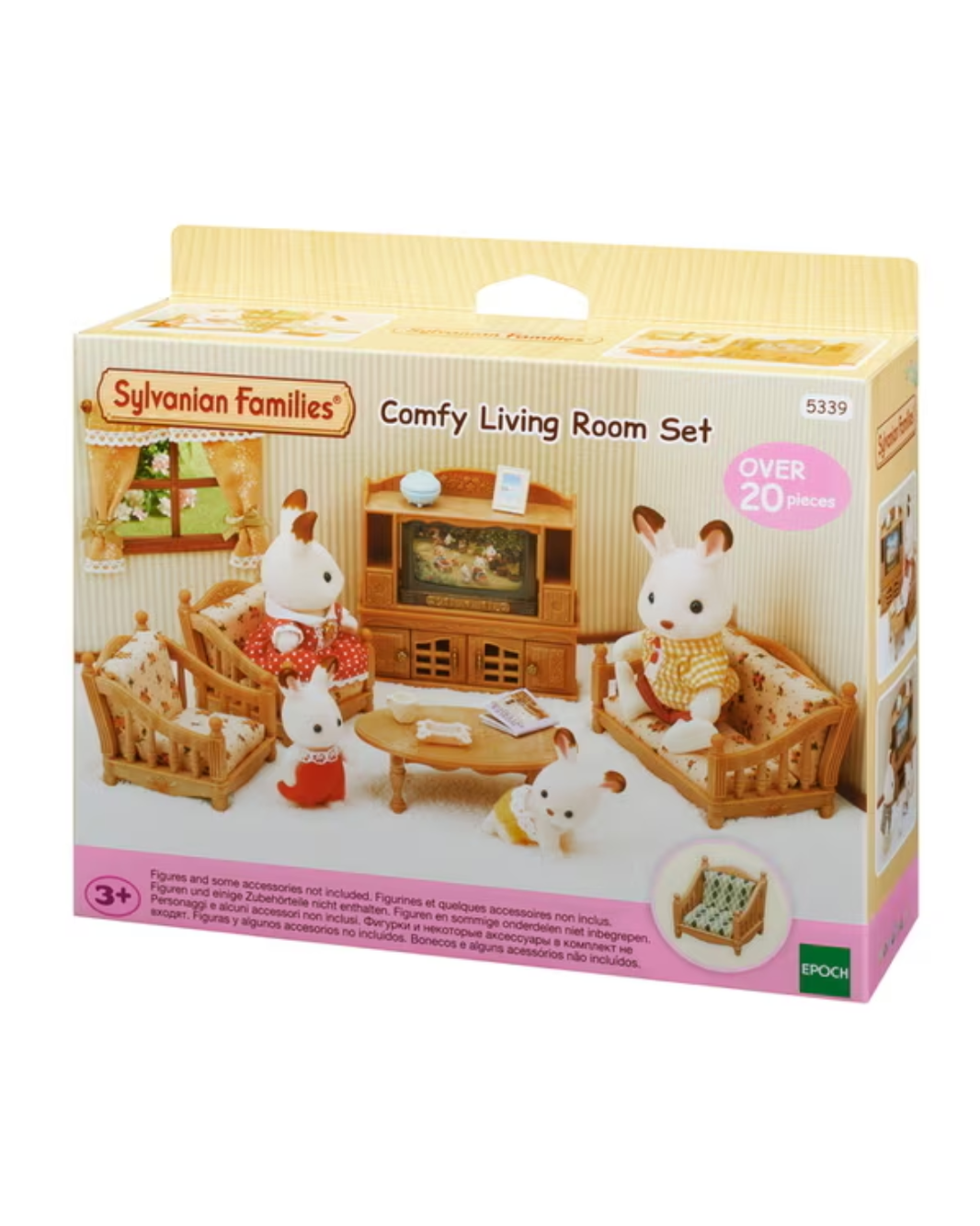 Sylvanian Families Comfy Living Room Set toy box, showing the miniature animal characters arranged in a cozy living room scene on the front packaging.