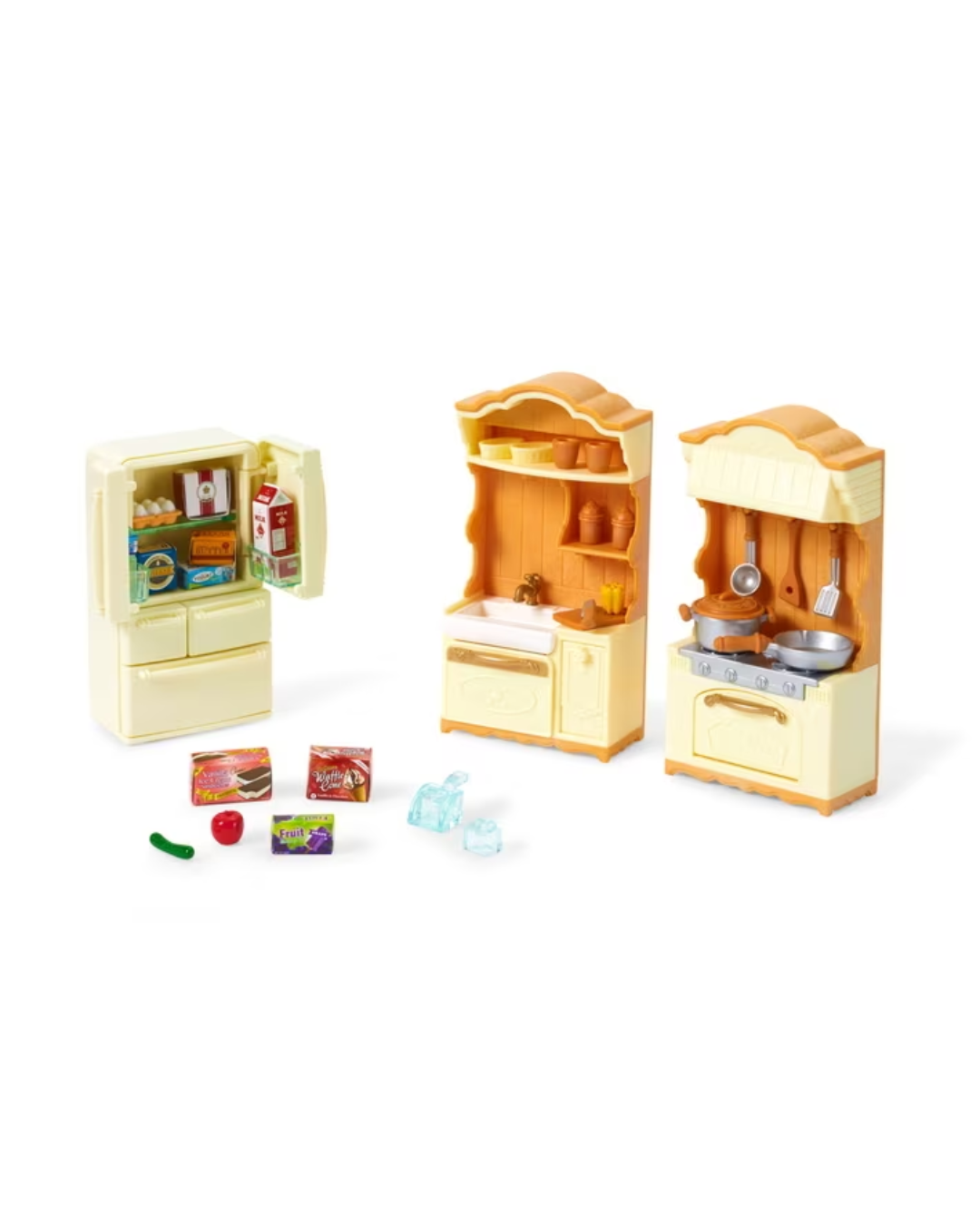 A miniature play kitchen set with a cream-colored refrigerator, a matching oven/stove, and a counter unit, shown with small toy food and drink items on a white background.