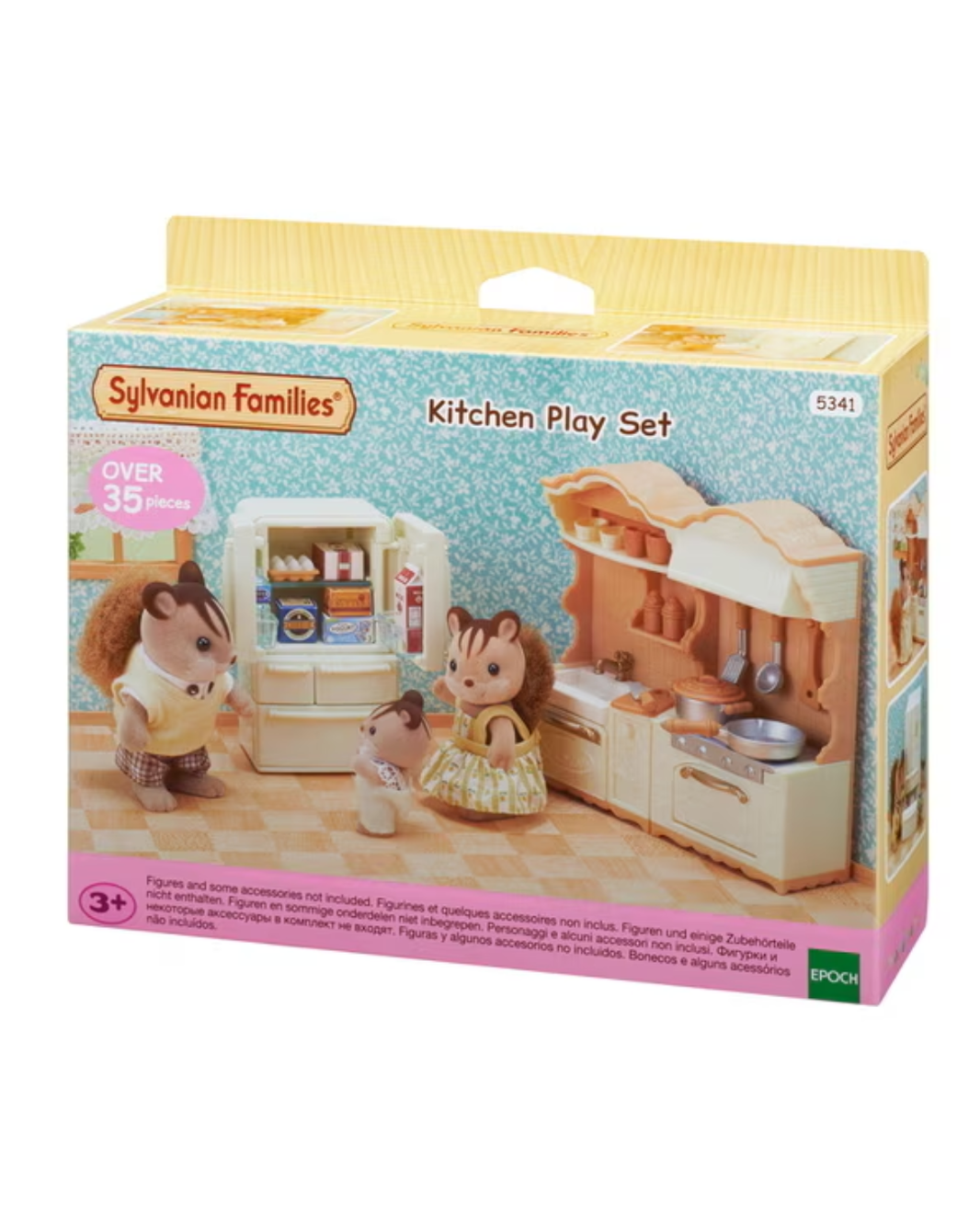 Sylvanian Families Kitchen Play Set in its original retail packaging, featuring a miniature kitchen scene with a refrigerator, cabinets, and animal characters on the box front.