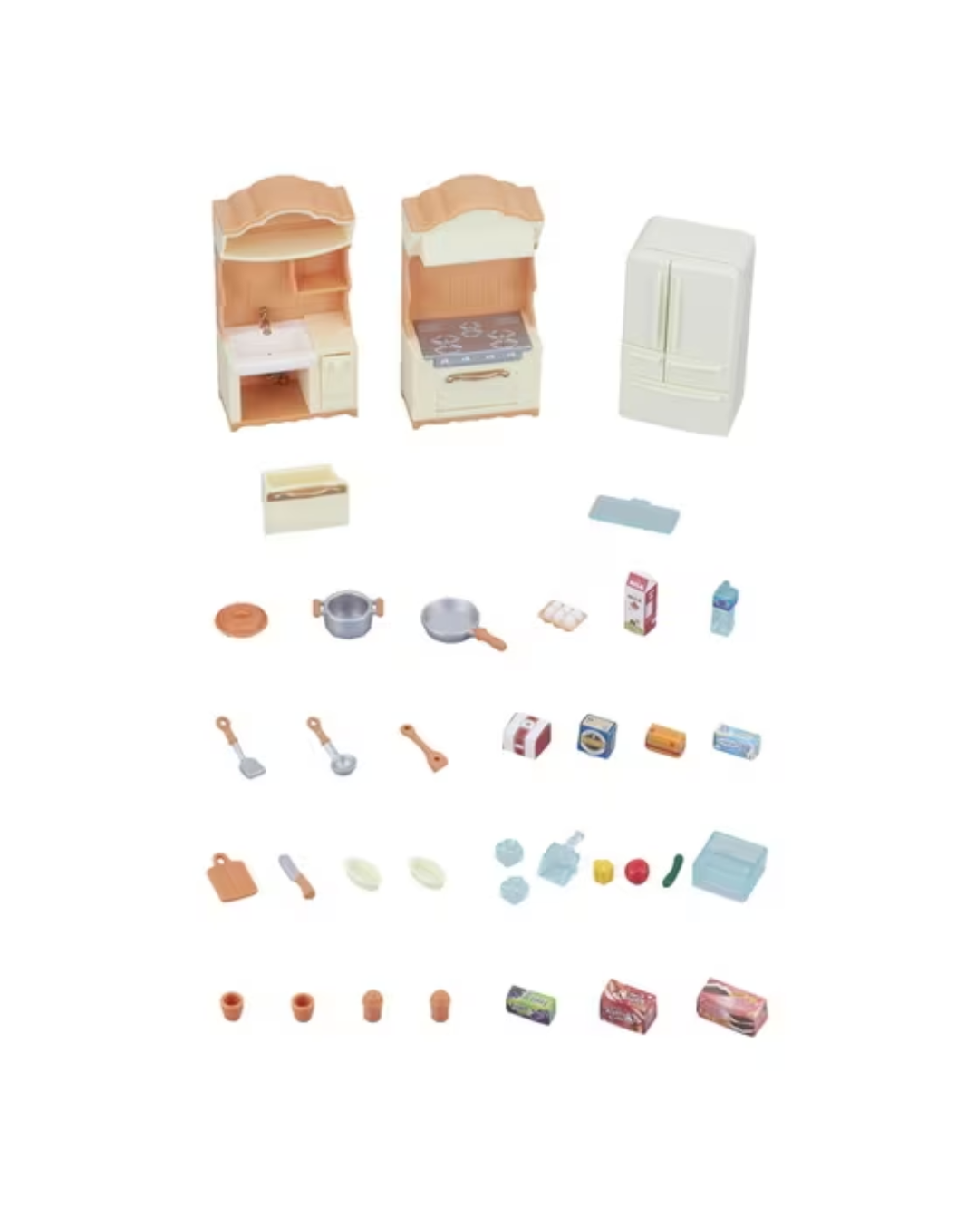 A sylvanian kitchen set with two small cabinets, a refrigerator, and multiple small kitchen accessories arranged below on a plain white background.
