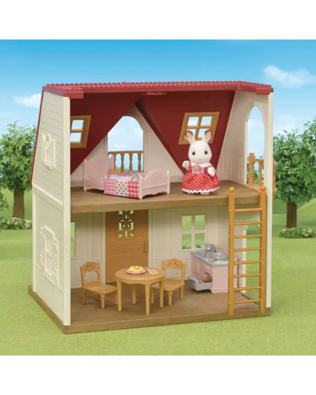 A Sylvanian Families dollhouse playset featuring a two-story house with a red roof, cream-colored siding, a wooden ladder, and miniature furniture. A white rabbit character wearing a red dress stands on the upper balcony.