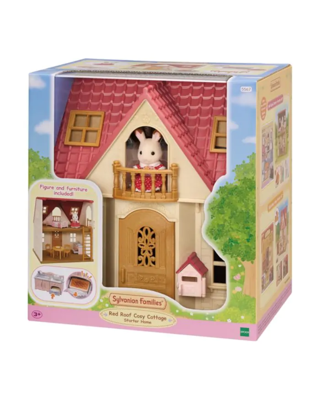 Sylvanian Families Red Roof Cottages Starter Set in its original retail packaging, showing the toy house with a rabbit figure on a balcony.