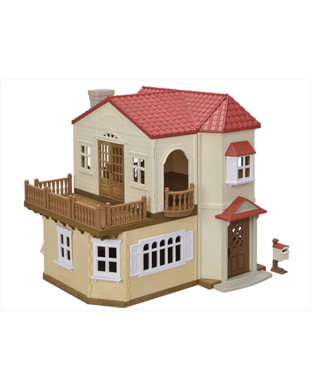 A two storey Sylvanian house featuring a red tiled roof, beige walls, white window frames, a wooden balcony, and a small mailbox figure on a white background.