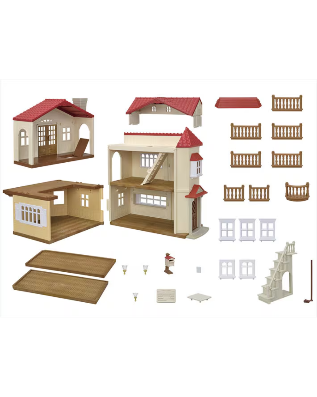 A Sylvanian house playset shown disassembled on a plain white background, with multiple pieces including roofs, walls, windows, stairs, railings, and flooring arranged separately.