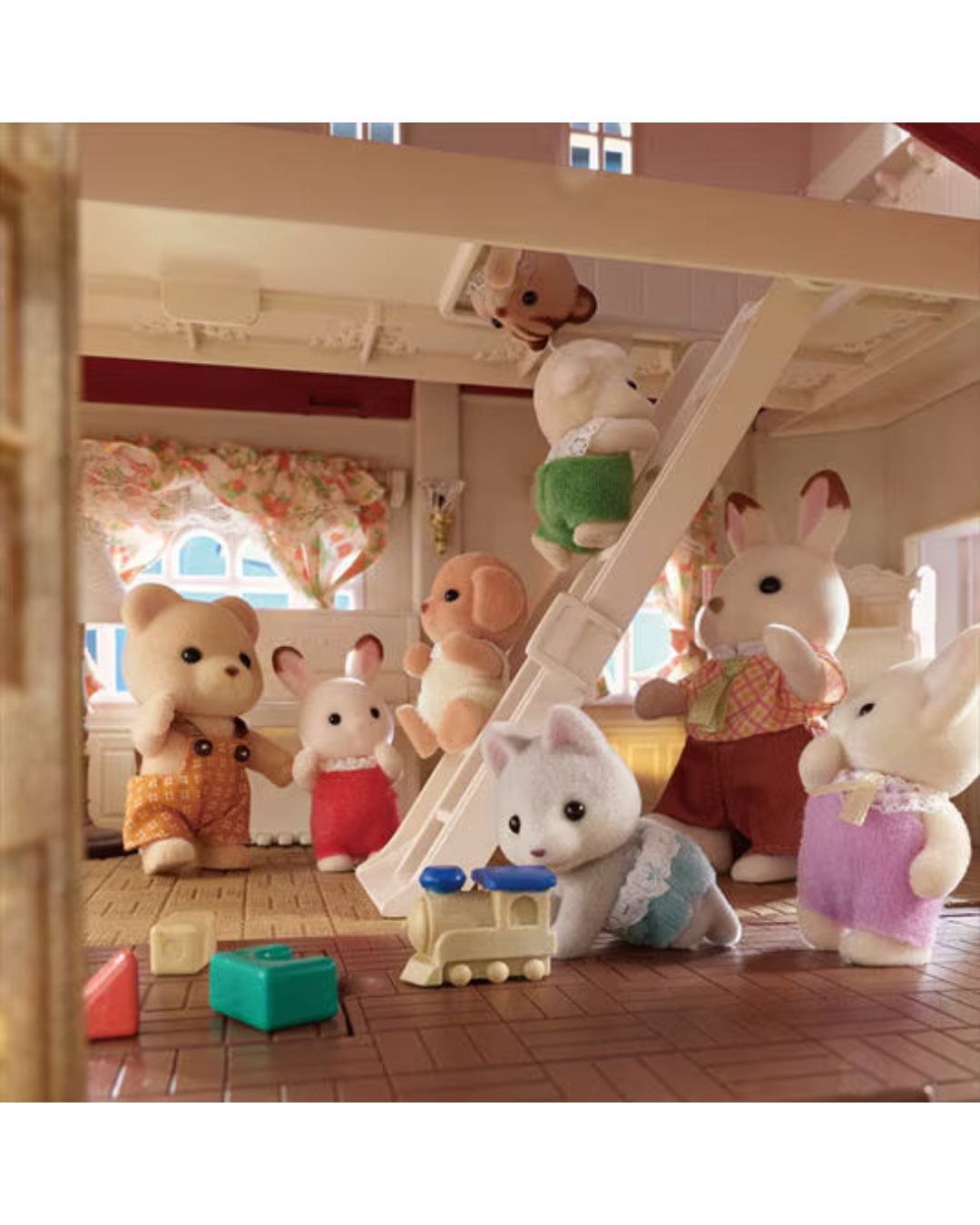 A group of Sylvanian Rabbit family plush toys arranged inside a wooden playhouse, with some standing on the floor and one climbing the ladder.