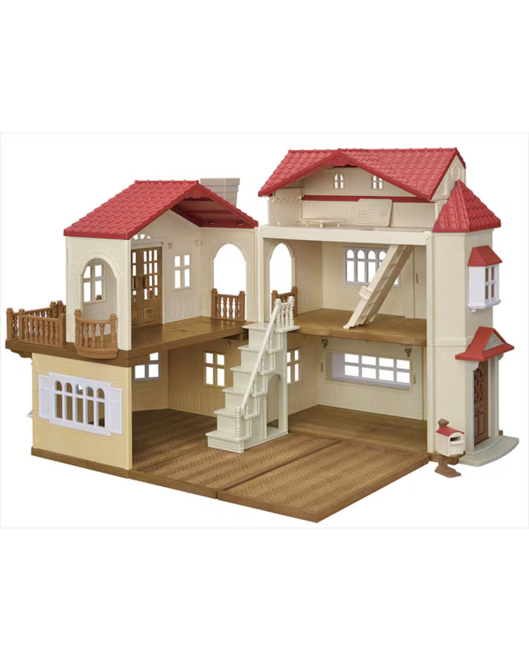 A Sylvanian house featuring a two-story house with red tiled roofs, cream-colored walls, wooden floors, and an open interior layout, shown against a plain white background.