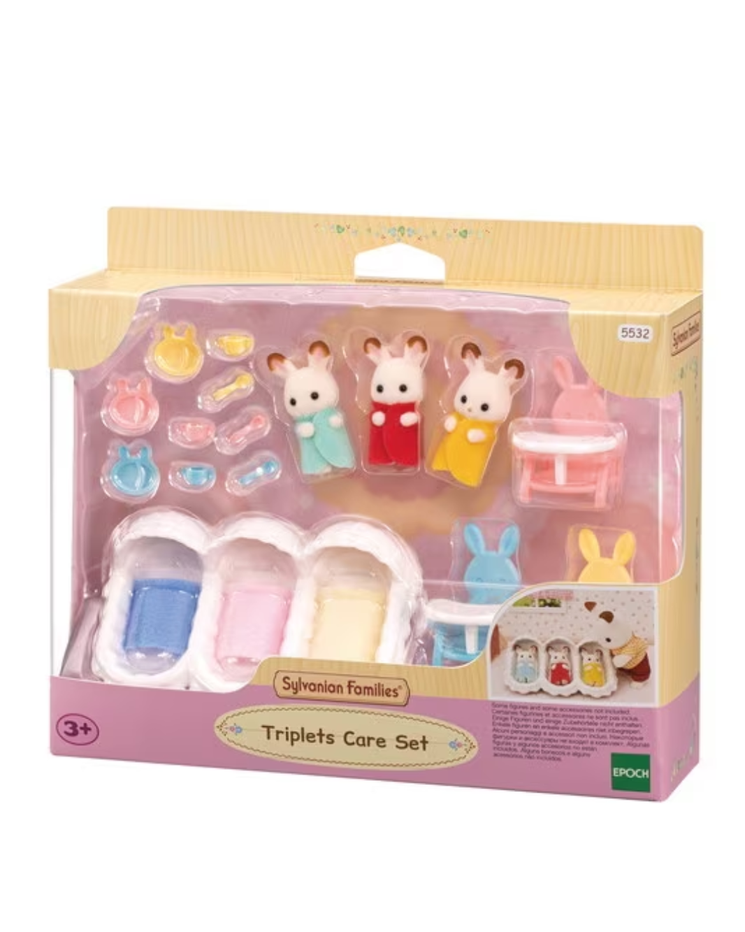 Sylvanian Families Triplets Care Set in its original retail packaging, featuring miniature animal figures and baby care accessories.