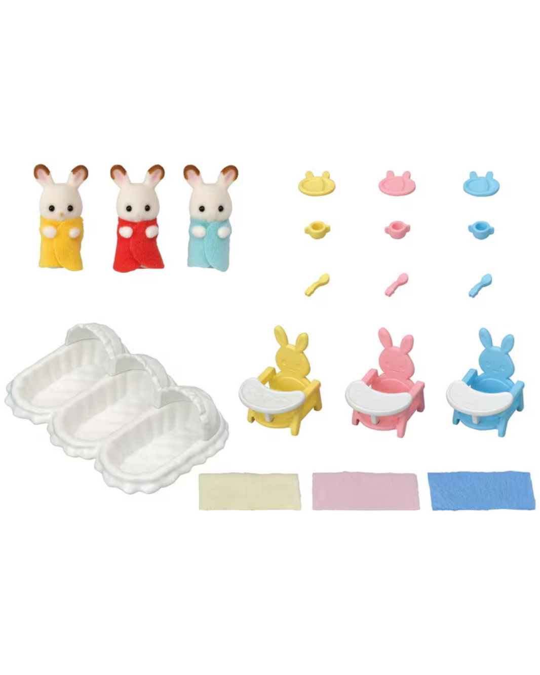 A Sylvanian toy set featuring three rabbit figurines in yellow, red, and blue outfits, three matching high chairs in yellow, pink, and blue, three bowls, three spoons, three cloths, and three plastic trays, all arranged on a white background.