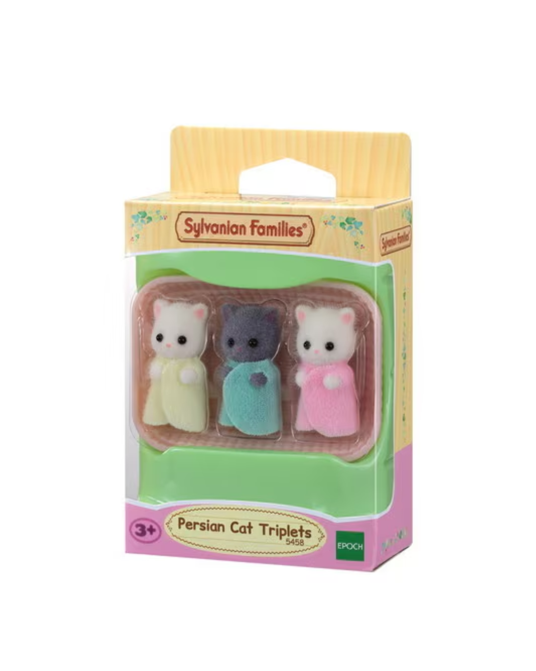 Sylvanian Families Persian Cat Triplets toy set in its original packaging, featuring three small cat figures in cream, blue, and pink outfits.